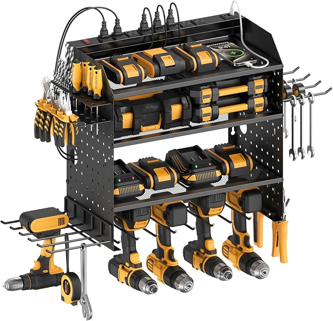 CCCEI Modular Power Tools Organizer with USB Charging Station, 4 Layer Drills and Battery Storage Wall Mount, Garage Shop Org