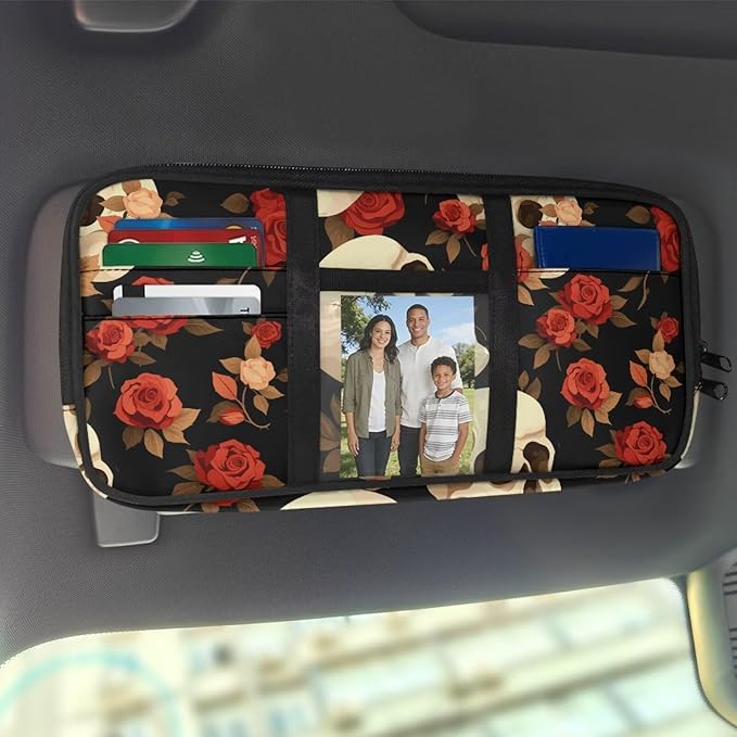 Car Sun Visor Organizer,Rose Skull Car Sun Storage Pocket Pouch Case Bag with Double Zippers Truck SUV Storage Pouch Holde
