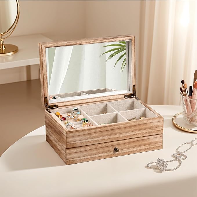 Meangood Jewelry Box Organizer for Women, 2 Layer Large Jewelry Storage Case, Rustic Wooden Jewelry Box with Mirror & Ring Tr