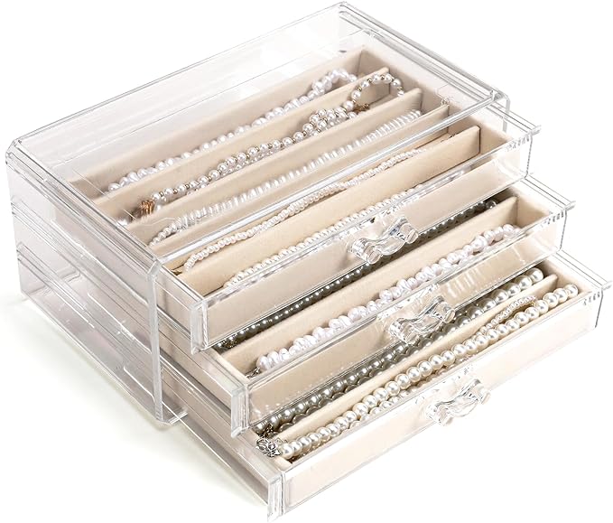 CLUQMEIK Necklace Organizer Box with Clear Lid, Dustproof Velvet Jewelry Holder Storage Display Case, Stackable Acrylic Neckl