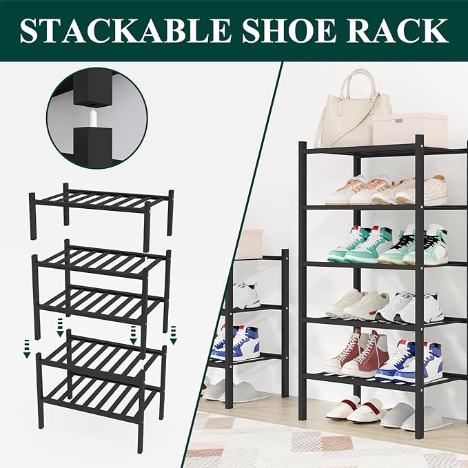 Smiry Shoe Rack, 6 Tier Small Bamboo Shoe Organizer, Stackable Free Standing Wooden Shoe Storage Shelf for Closet, Entryway, 