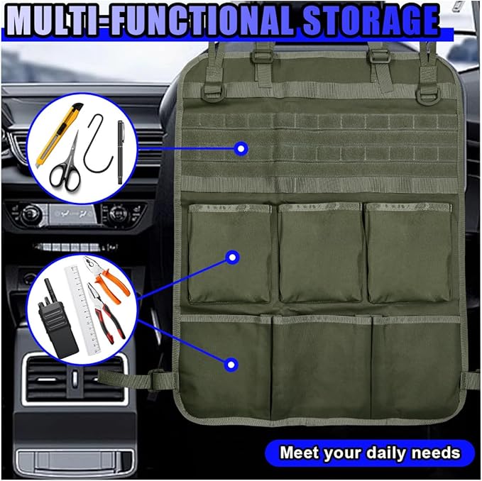 Tactical Molle Panel Car Seat Back Organizer, Waterproof Car Front Seat Protector with Multiple Pockets, Universal Kick Mat for Kids/Pets, Vehicle Backseat Storage Bag for Most Cars (Green)