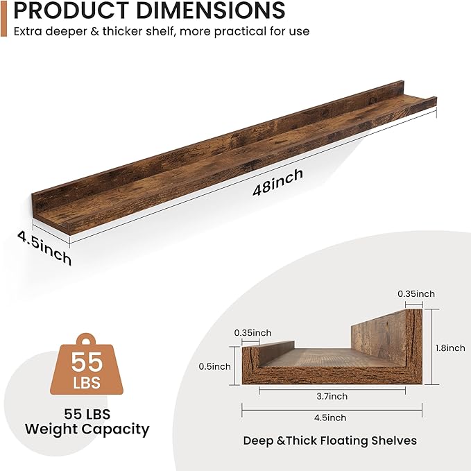 Fun Memories Picture Ledge Shelves Set of 2, 48 Inch Rustic Wall Mounted Floating Shelves with Lip for Home Storage and Décor