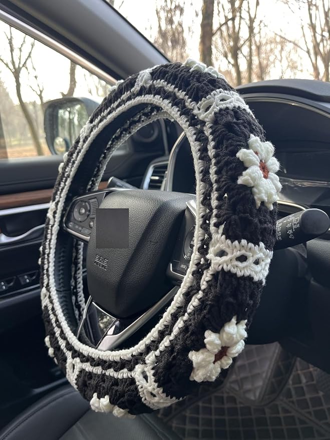 Daisy Crochet Steering Wheel Cover,Cute Seat Belt Cover,Women car Accessories (Black Steering Wheel Cover)