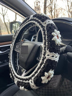 Daisy Crochet Steering Wheel Cover,Cute Seat Belt Cover,Women car Accessories (Black Steering Wheel Cover)