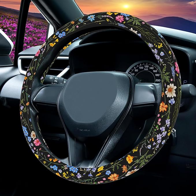 Wildflower Steering Wheel Cover, Flower Car Accessory for Diverse Cars, Steering Wheel Cover Non-Slip Breathable Fabric Absor