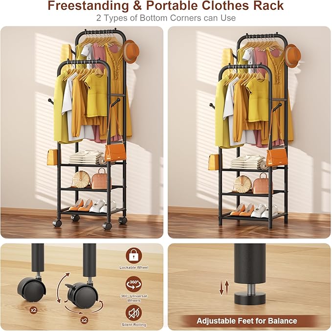 Furologee Clothing Racks for Hanging Clothes, Portable Rolling Garment Rack, Sturdy Metal Freestanding Clothes Rack with Whee