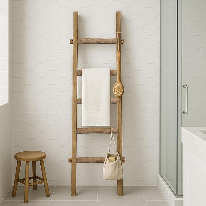 Blanket Ladder Fully Assembled 57in Wooden Ladder Shelf Living Room Bathroom Bedroom Decorative Wall Leaning Farmhouse Quilt 