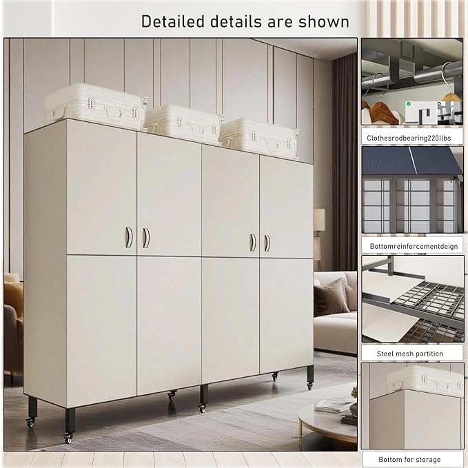 Foldable Portable Wardrobe On Wheels, Freestanding Garment Rack, with Magnetic Door 2000lbs, Heavy Duty Clothes Rack, for Bed