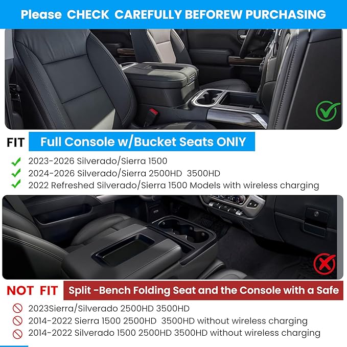 Half-Sized Seat Gap Filler Compatible with Chevy Silverado 1500 2500HD | Zero Interference Side Storage Space | Anti-Drop Organizer | Free Window Breaker | Full Console w/Bucket Seats ONLY