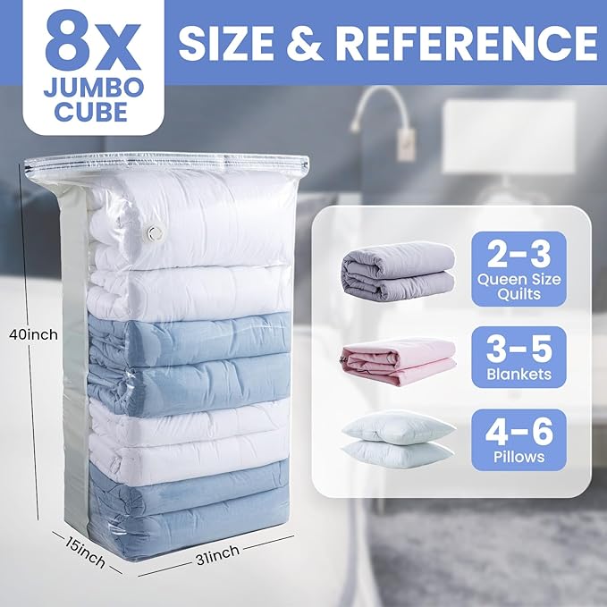 8 Pack Vacuum Storage Bags, Jumbo Cube 31x40x15 Inch, Extra Large Vacuum Seal Bgas for Comforters, Blankets, Pillow, Quilts, 