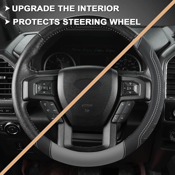 GIANT PANDA Car Steering Wheel Cover for Ford - F150 F250 F350 Expedition, (15.5-16 inches - Black+Gray)