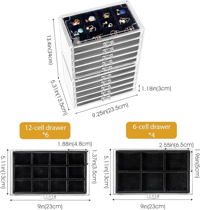 ProCase Earring Holder Organizer Jewelry Box with 10 Drawers, Acrylic Clear Earring Case with Adjustable Velvet Trays for Wom