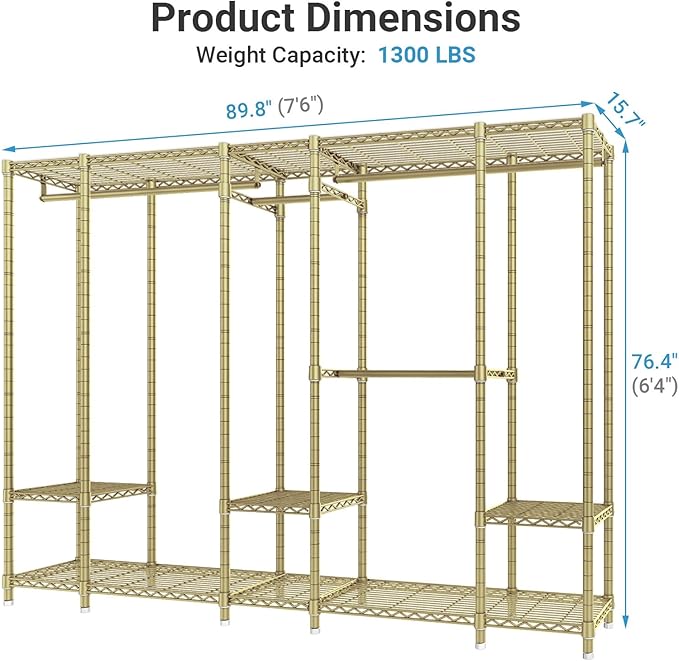 VIPEK V50 Gold Closet Rack, Extra Large Elegant Heavy-Duty Freestanding Wardrobe with Adjustable Shelves for Bedroom, Dressin