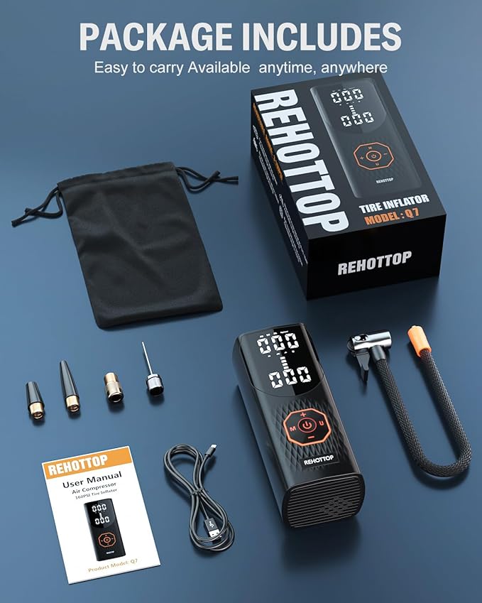 Tire Inflator Portable Air Compressor, 160PSI Cordless Air Pump for Car Tires, 6X Faster Inflation Air Compressor with Tire Gauge Pressure, Tire Pump with LED for Car, Motorcycle, Bicycle and Ball