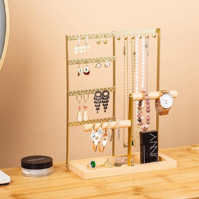 Jewelry Organizer Stand, Jewelry Holder, Lengnoy 4 Tier Earring Holder with 48 Holes and 6 Hooks Necklace Organizer Wood Box 