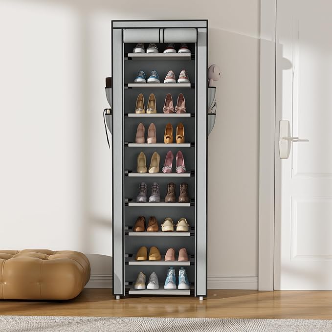 VILICK Shoe Rack with Cover Narrow Shoe Rack Organizer with 4 Side Pockets 10 Tier Tall Shoe Storage Shoe Shelf Holds 18-22 P