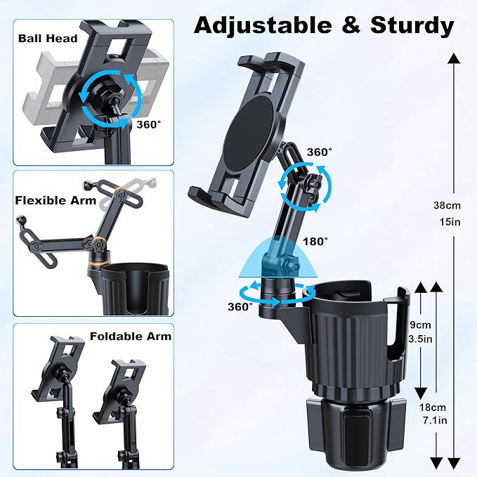 Peastrex Cup Holder Tablet Mount, Ipad Cup Holder Car Mount with Adjustable Arm for Tablet iPhone 3-11in iPad Pro Air Mini, Fire, iPhone 15, Galaxy S24 Z Fold 5
