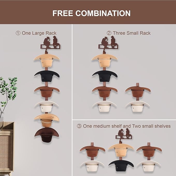 Cowboy Hat Rack Holder for Wall - Wild Western Style Design Hat Organizer with 6 Hat Hooks for Wall Mount, Hat Stand and Hang