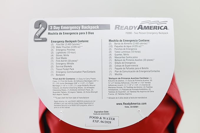 Ready America 70280 72 Hour Emergency Kit, 2-Person, 3-Day Backpack, Includes First Aid Kit, Survival Blanket, Portable Prepa