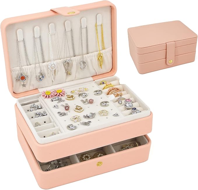 KOOAAICCHI Small Jewelry Box, Travel Jewelry Organizer, Portable Jewelry boxes for Women Girls Gift, Double Layers PU Leather