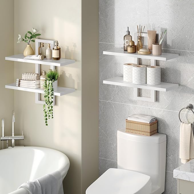 HOOBRO Floating Shelves, 15 Inch Wall Shelf Set of 2, Wall Mounted Storage Shelves 2-Tier, Hanging Bathroom Shelves, for Livi