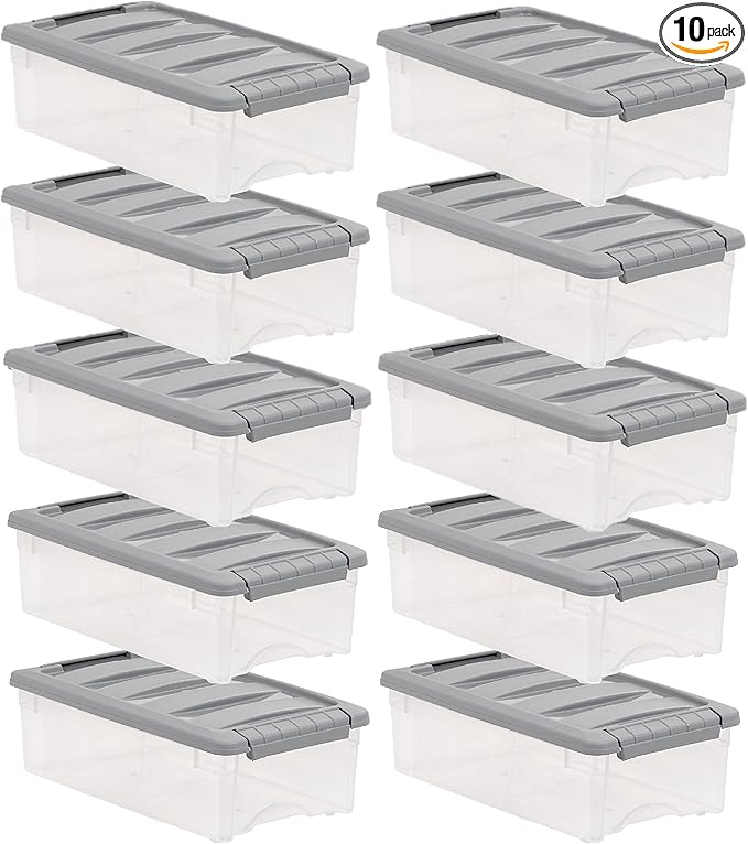 Amazon Basics Plastic Storage Containers with Secure Latching Lids, Stackable Organization Bins for Organizing, Clear/Grey, 5