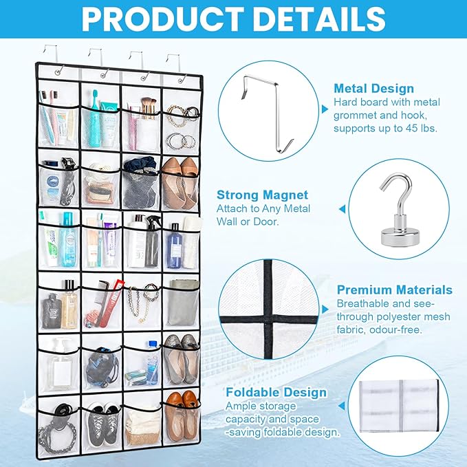 Cruise Essentials 2026 Over The Door Organizer For Cruise Ship 24 Pocket Magnetic Door Organizers with 4 Metal Hooks and 4 St