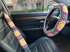 Crochet Sunflower Car Steering Wheel Covers Universal 14-15 inch for Women/Men (B:Wheel Cover+2 Belt Cover)