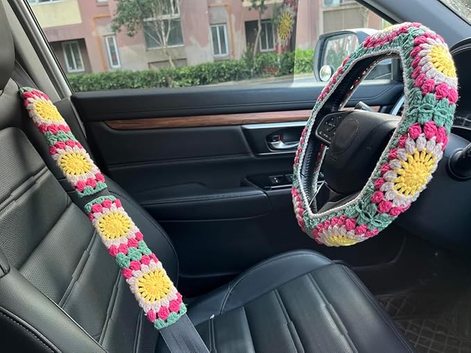 Crochet Sunflower Car Steering Wheel Covers Universal 14-15 inch for Women/Men (B:Wheel Cover+2 Belt Cover)