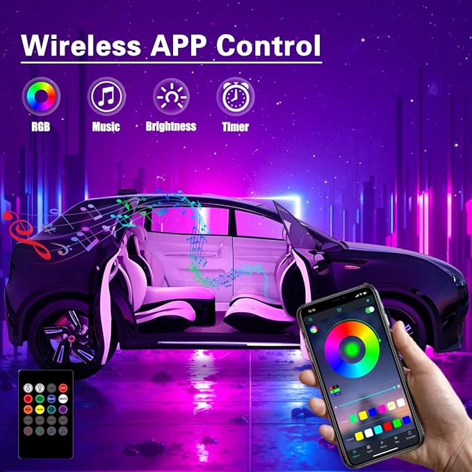 Interior Car Lights with Wireless APP and Remote Control, 5 in 1 RGB Ambient Lighting Kit with 236 inches Fiber Optic, 16 Million Colors Car Neon Strip with Music Mode