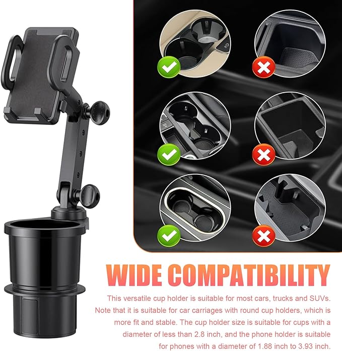 Car Cup Holder Mobile Phone Rack, Multi-Function 2 in 1 Cup Holder Expander, 360 Degrees Rotatable Automotive Phones Mount, U
