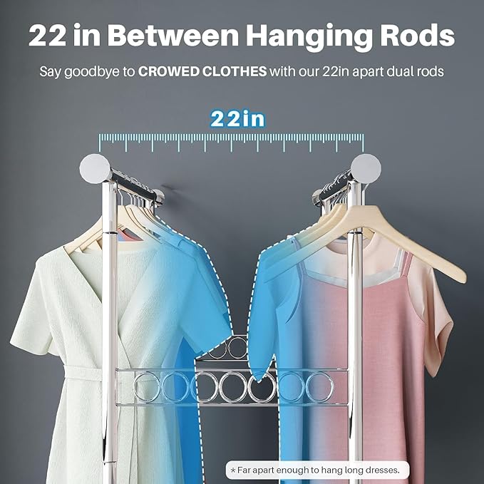 HOKEEPER Clothes Rack Heavy Duty Clothing Rack Load 650 LBS Collapsible Garment Rack with Wheels Double Rod Clothes Rack for 