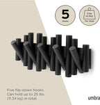 Umbra Picket Wall-Mounted Coat Rack Rail Hook with 5 Retractable Wood Pegs – Modern, Space-Saving Storage Organizer, Black