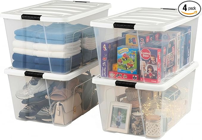 IRIS USA 94 Qt Stackable Plastic Storage Bins with Lids, 4 Pack - BPA-Free, Made in USA - See-Through Organizing Solution, La