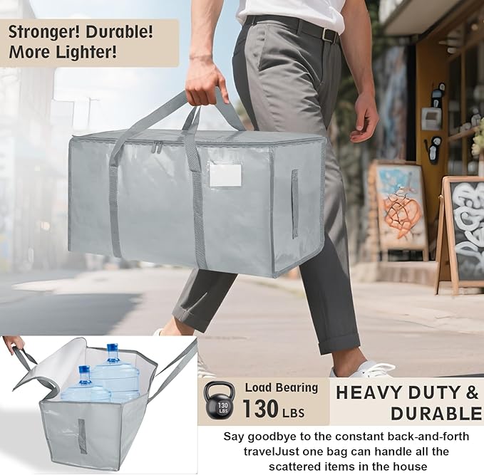 8 Pack-Extra Large Heavy Duty Moving Bags - Waterproof Storage Totes with Handles & Zippers, Foldable for College Dorm, Stora
