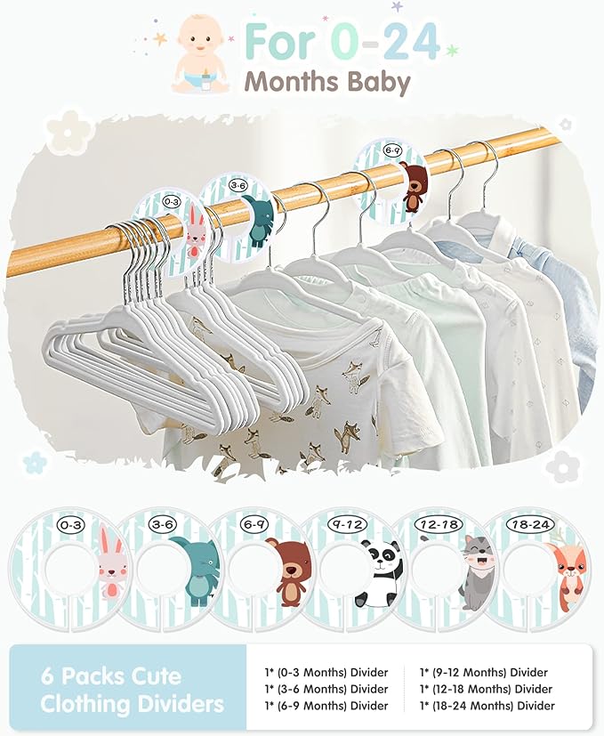 VIS'V Baby Hangers, 11 Inch Velvet Kids Hangers with 6 Pcs Clothes Size Dividers, Infant Toddler Nursery Closet Organization,