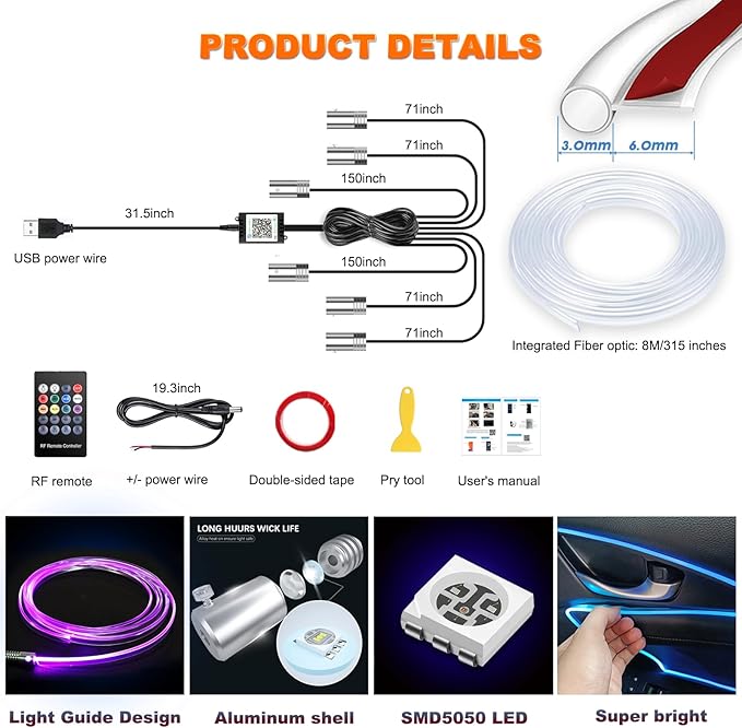 Car LED Strip Lights, USB Interior Ambient Lighting Kits with Wireless APP and RF Remote Control, 16 Million Colors Music Mode Car Decoration Lights with 315 inches 3.0mm Fiber Optic (6 in 1)
