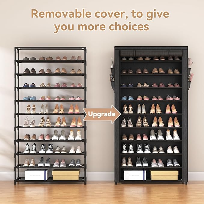 ROJASOP 10 Tier Shoe Rack with Covers,Large Capacity Stackable Tall Shoe Shelf Storage to 50-55 Pairs Shoes and Boots Sturdy 