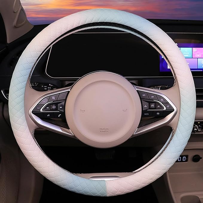 Steering Wheel Cover, with Non-Slip Lining, Cool in Summer Warm in Winter for Men Women, 14.5-15 Inch Non-Slip Breathable Lea