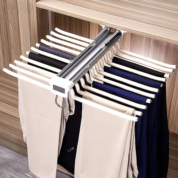 Pull Out Clothes Rail Extendable Wardrobe Rail Tube Rod - Steel Pull Out Pants Rack Pants Hanger Bar 22 Arms, Extendable Clos