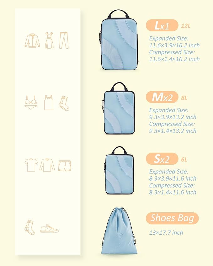 BAGSMART Compression Packing Cubes, 6 Set/4 Set/2 Set Travel Packing Cubes for Carry on Suitcases, Compression Suitcase Organ