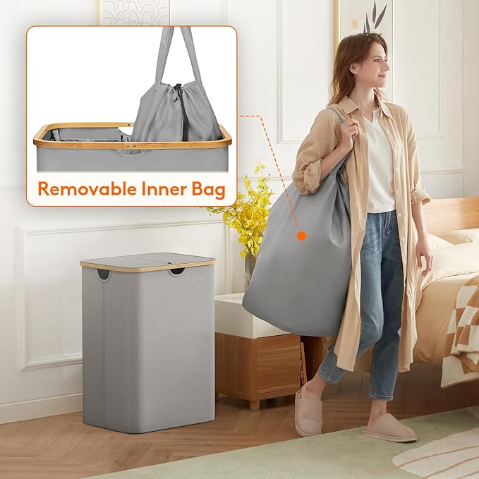 Lifewit 150L Laundry Basket with Lid, Clothes Hampers for Laundry with Bamboo Handles and 2 Removable Laundry Bags, Large Fol