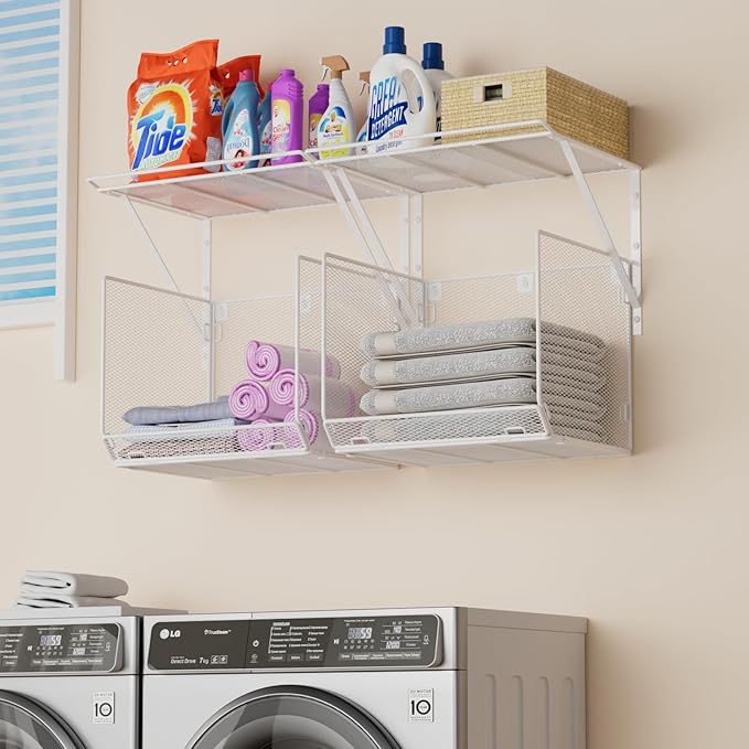 2 Pack Laundry Room Shelves Organization And Storage,Wall Mounted Clothes Drying Rack With Wire Mesh Basket Over Washer And D