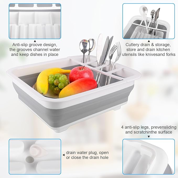 Collapsible Dish Drying Rack with Drain Plug Tube, Portable Dish Drainers for Kitchen Counter, Folding Dish Rack Over Sink Dr