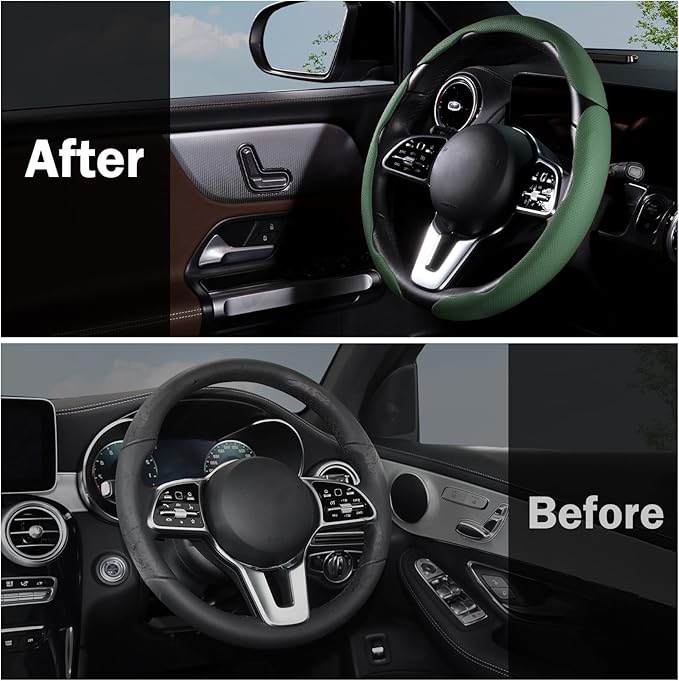 Car Steering Wheel Cover Leather Snap On 3Pcs Set Non-Slip Protector Wrap Steering Wheel Accessories 14.5-15 inch Universal G