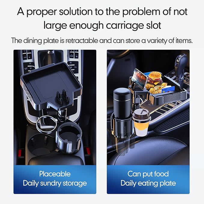 Car Cup Holder Tray, 10 Inch 4-in-1 Cup Holder Tray, 360° Rotating Drink Holder Expander with Detachable Food Tray & Phone Ho