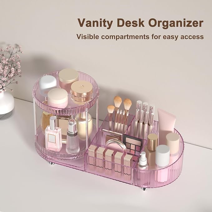 360 Rotating Vanity Makeup Organizer, 2 Small Trays & 5 Compartments for Cosmetics, Skincare, Perfume, Lipstick & Make up Bru