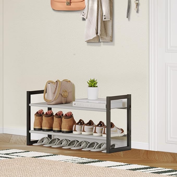 2-Tier Shoe Rack for Closet & Entryway, Stackable Shoe Organizer, Screw-Fastened Metal Frame for Less Wobble, Heel-Friendly N