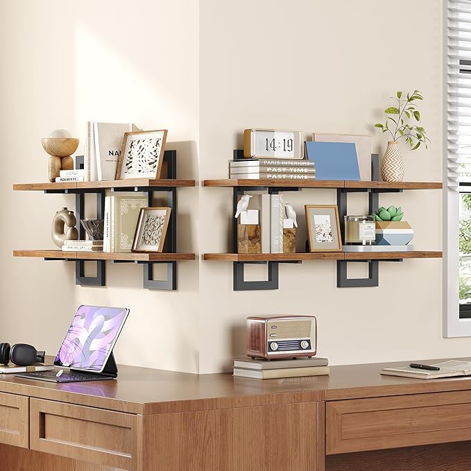 HOOBRO Floating Shelves, 15 Inch Wall Shelf Set of 4, Wall Mounted Storage Shelves 2-Tier, Hanging Bathroom Shelves, for Livi